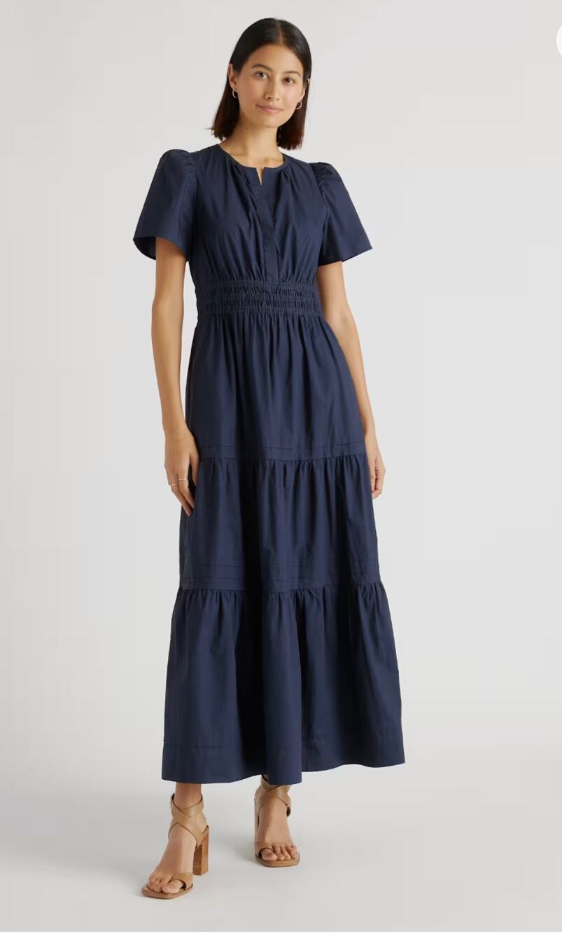 QUINCE NWT 100% Organic Cotton Poplin Tiered Maxi Dress in Navy // S